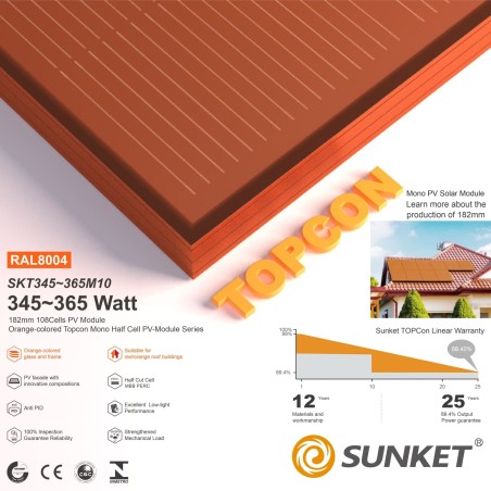 Modulo Fv Sunket monocristallino 360Wp, colore arancione, RAL 8001, celle TOPCon 16 bus bar.