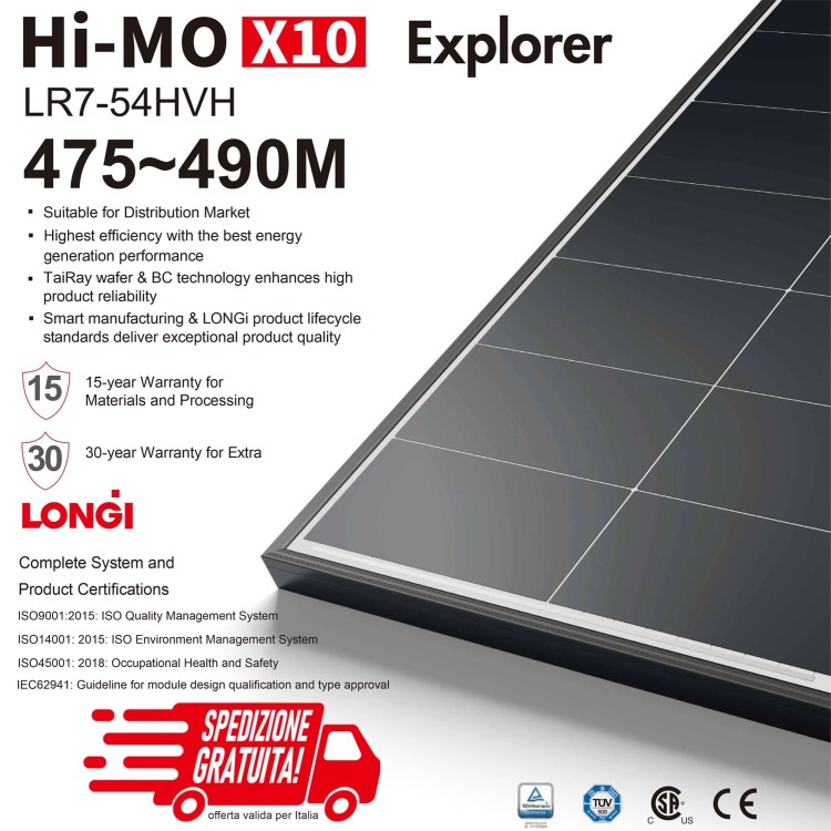 LONGI SOLAR HI-MO X10 EXPLORER LR7-54HVH-490M – MODULO FOTOVOLTAICO MONOCRISTALLINO 490 W