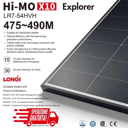 LONGI SOLAR HI-MO X10 EXPLORER LR7-54HVH-490M – MODULO FOTOVOLTAICO MONOCRISTALLINO 490 W
