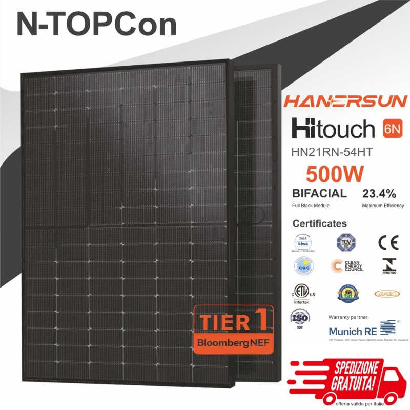 Panello solare Hanersun HN21RN-54HT500W Full Black MC4-EVO 2A Bifacciale