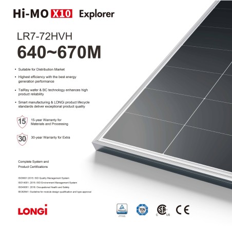 Modulo Fv Longi Solar monocristallino 645Wp LR7-72HVH-645M