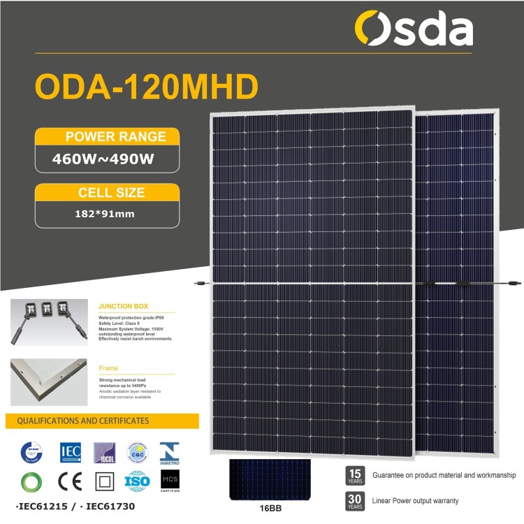 OSDA Solar ODA460-24V-MHDBRz Modulo Solare 460 Watt Cornice nera n-type TOPCon Bifacial Vetro-Vetro